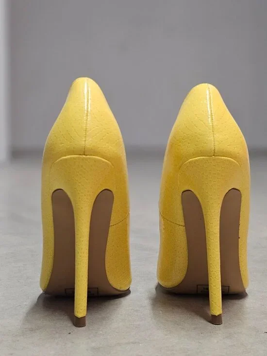 Yellow High Heel Pumps With Faux Snakeskin Texture & Pointed Toe Design - Picture 7 of 16